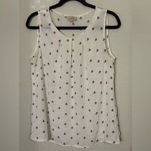 LOFT Sleeveless Sheer Top, White with Red Floral Print, size Medium